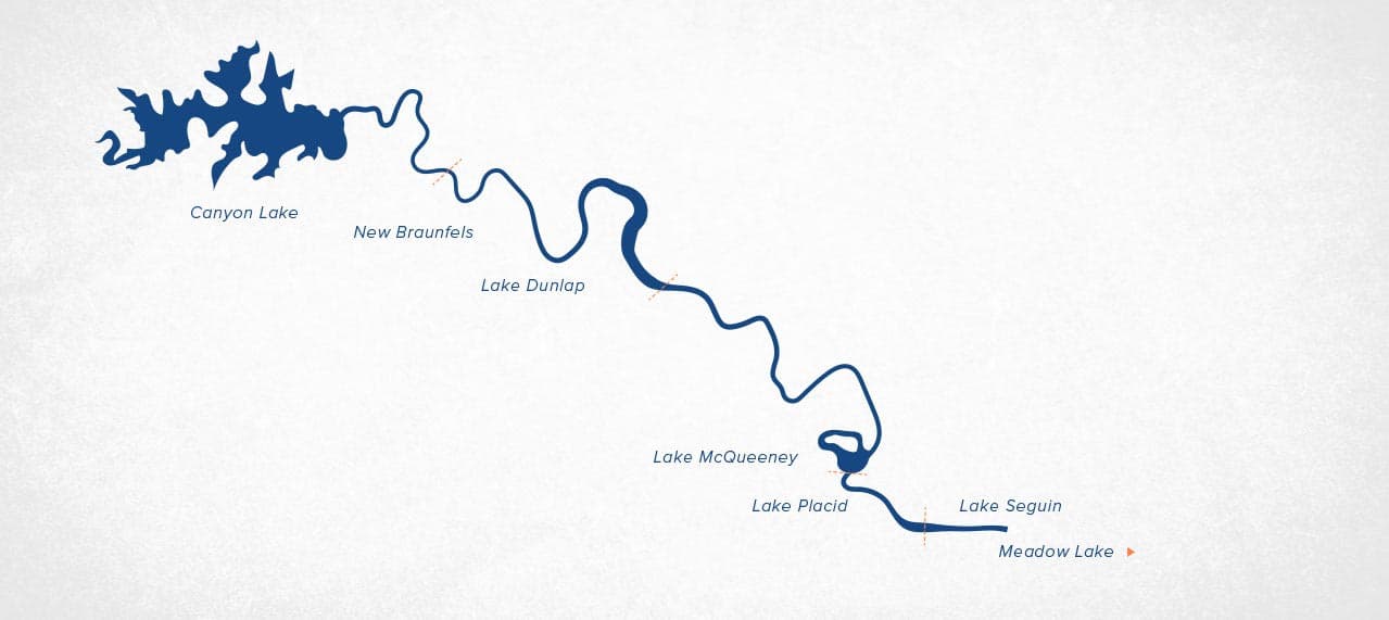 Map of the Guadalupe River from Canyon Lake through New Braunfels, Lake Dunlap, Lake McQueeney, Lake Placid, Lake Seguin and Meadow Lake